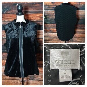 Chico's Vest Size 3 XL Black Faux Fur Quilted Lined Full Zip Jeweled